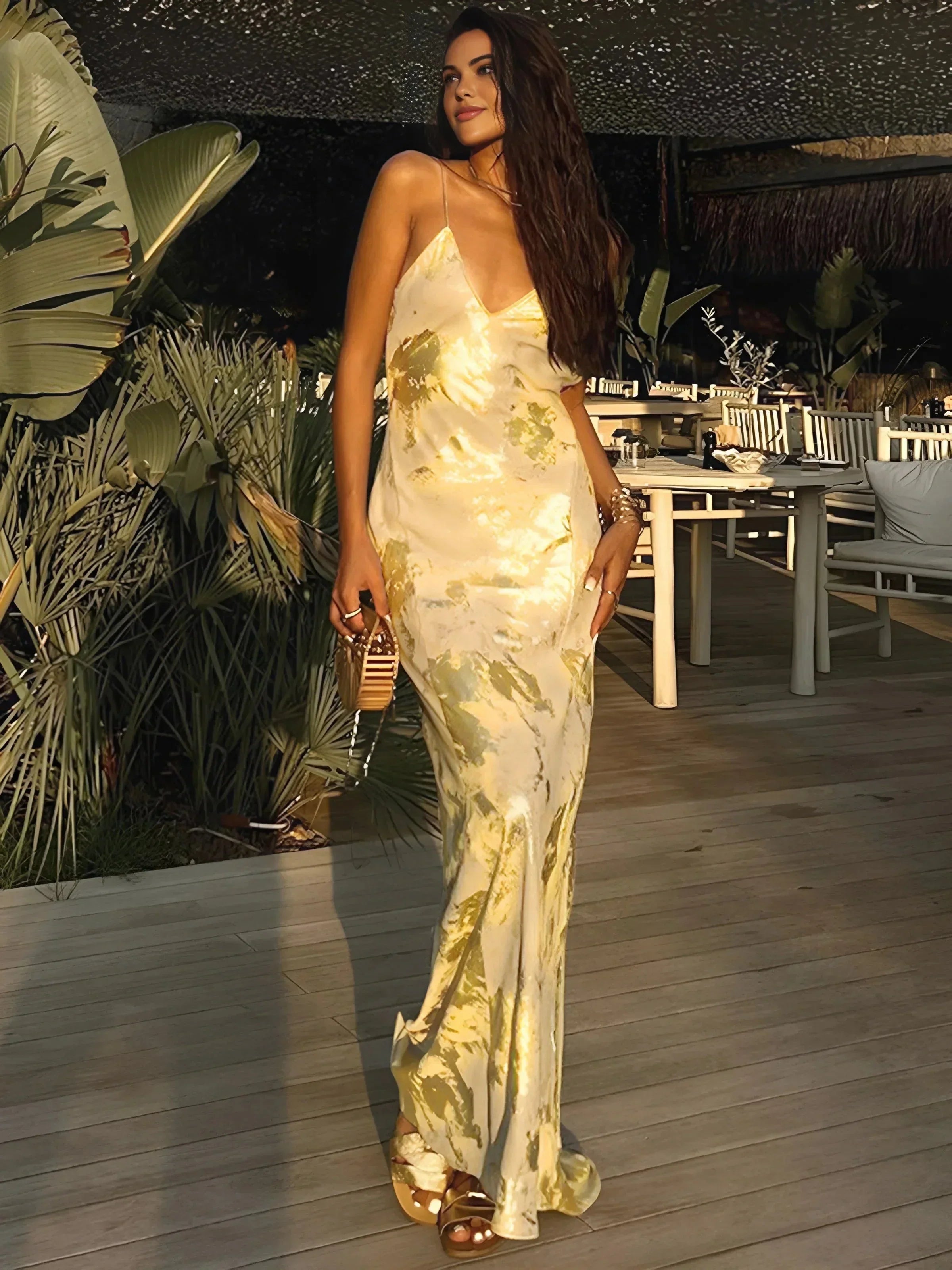 Aireen - Women’s Gold Foil Satin Maxi Dress with Straps