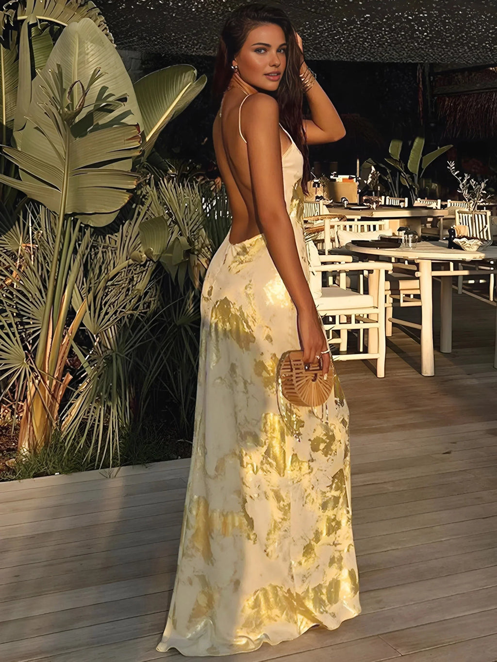 Aireen - Women’s Gold Foil Satin Maxi Dress with Straps